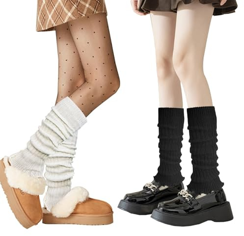 Cosysparks 2 paires Jambières pour Femmes tricot côtelé leg warmers 80s longueur noir et Blanc jambières tricotées hiver Jambières pour Filles party yoga ballet dance skate accessoires