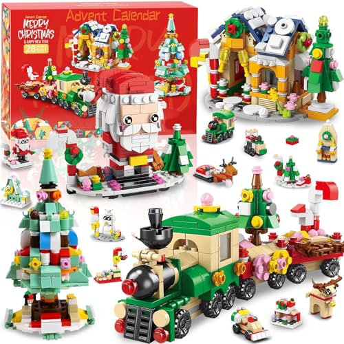 Advent Calendar 2025 - Christmas Building Blocks Holiday Gifts 24 Days Surprise Gift Box Countdown Calendar 6 In 1 Christmas Tree Train House Block Set