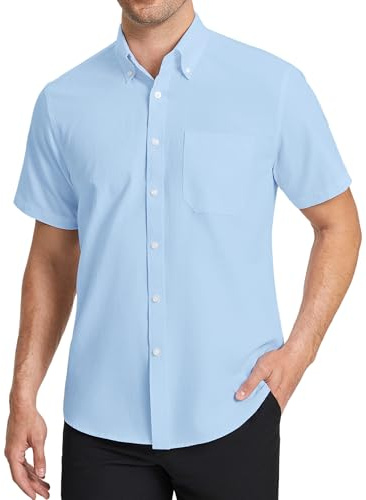 HISDERN Camisa Oxford Hombre Manga Corta Azul Claro Formales con Bolsillo Camisas Vestir Verano de Trabajo Hombre Ajuste Regular