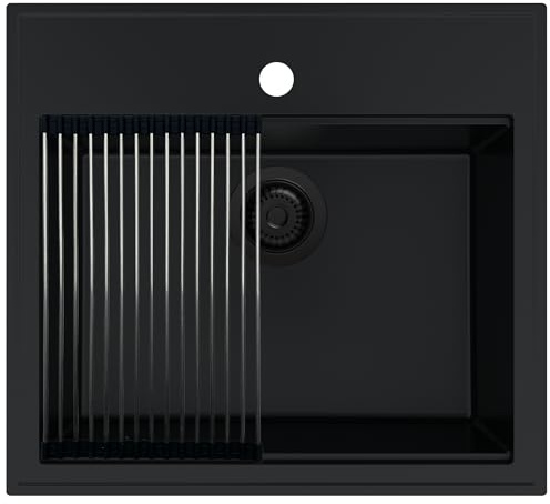 SINK Quality Evier cuisine en granit tout noir 56 x 51 cm - Lavabo 1 bac - Siphon noir et agent d'imprégnation inclus - Evier à poser - Évier cuve simple pour Meubles Bas de 60 cm