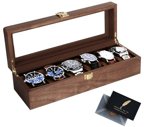 BBWELL Porta Orologi a 6 Posti,Scatola Portaorologi,Scatola per Orologi in Legno con Coperchio in Vetro,Fodera Morbida,Cuscini Rimovibili,Chiusura in Metallo,Scatola Porta Orologi Uomo e Donna
