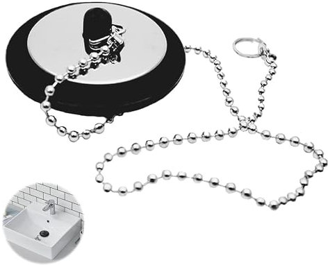 Universal Sink Plug, Black Rubber,Kitchen & Bathroom Sink Plug Replacement,Chrome Sink Plug with Chain for Kitchen or Bath - 43mm with Ball Type Shaped Chain Made of Stainless Steel 400mm (1pcs)