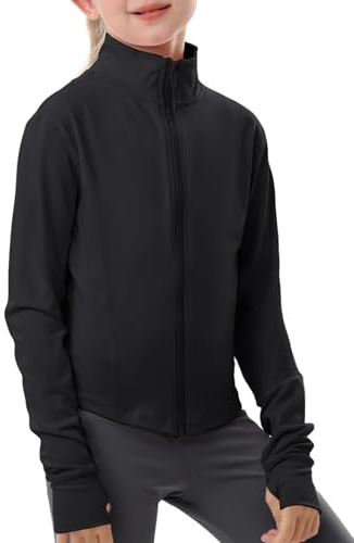 Gihuo Girls Zip Up Workout Jacket Lightweight Athletic Horse Riding Jackets Cropped Gym Yoga Track Shirts with Thumb Holes(Black-11-12Y)