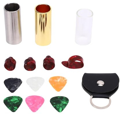 Guitar Slide, Bluesy Glide Tough for Gigs 60mm Glass Brass Stainless Steel Slides with 4 Finger 6 Picks Holder Set for Players, Musicians, Live Performances, Studio Recording, Practice Sessions