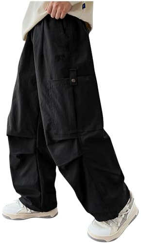 Black Cargo Trousers for Kids Boys - Oversized Wide Leg Casual Pants,Solid Elastic Waist Baggy Sweatpants,Travel Camping Hiking Outdoor Joggers,Tactical Combat Trousers 9-10 Years