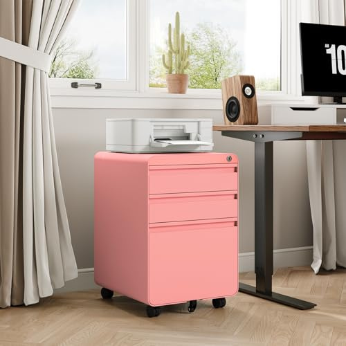 Dripex 3-Drawer Mobile Filing Cabinet, Lockable, Pink | Pre-Assembled, Steel Construction, Hanging File Rails A4/Letter/Legal File, Lockable Swivel Castors, Anti-Tilt Design