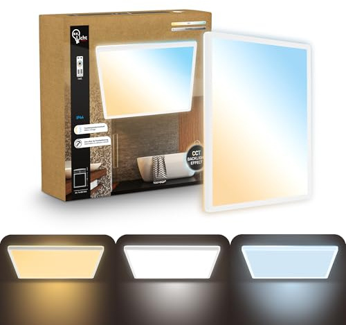 B.K.Licht - Panel LED plano con mando a distancia, regulable, iluminación indirecta, CCT ajustable de luz cálida a luz diurna, IP44, plafon led techo baño, lámpara techo, salón, 42x42 x3 cm, blanco