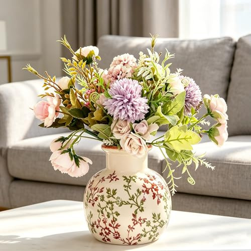 HAOTIAN-X Jarrón de cerámica en estilo rústico francés, patrón de grietas de hielo antiguo con motivo de plantas pintado a mano, jarrón decorativo estilo Boho para mesa de boda, oficina y dormitorio
