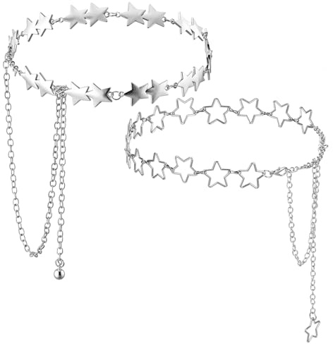 Nogeqi 2PCS Star Waist Chain Belt, Adjustable Silver Belt Chain, Decorative Metal Y2k Star Belts Accessories for Women Girls Pants Jeans Casual Dresses Skirts