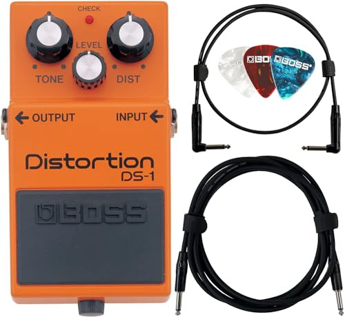 Boss DS-1 Distortion Bundle with Gearlux Instrument Cable, Patch Cable, Picks, and Austin Bazaar Polishing Cloth