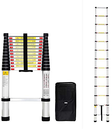 Todeco - Escalera Telescópica, Escalera Plegable - Carga máxima: 150 kg - Estándar/Certificación: EN131 - 3,8 Metro(s), Bolsa de transporte GRATIS, EN 131
