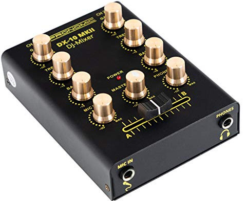 Pronomic DX-10 MKII DJ Mixer: mezclador compacto de 2 canales, 2 entradas de línea, ecualizador 2 bandas, entrada mic con control de volumen, salida master y auriculares, color negro.