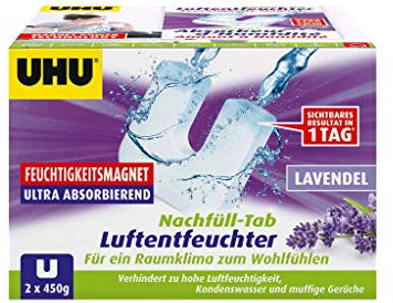 UHU Feuchtigkeitsmagnet Nachfülltab, Innovative Nachfülleinheit für handelsübliche Luftentfeuchter bekämpft Feuchtigkeit und Schimmel in Wohnräumen jetzt noch effektiver, 2 x 450 g, mit Lavendelduft