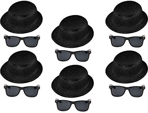 Alsino Melonenhut Glitzerhut Partyhut Glitzer Party mit Sonnenbrille für Silvester JGA 6er Set Fasching Karneval Kostüm Schwarz Unisex Erwachsene Einheitsgröße