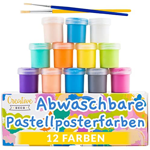 Creative Deco Pastell Kinder Fingerfarben | 20 ml x 12 Mehrfarbig Becher | ähnlich wie Acrylfarben | Bastelfarbe Plakatfarbe Set | Ungiftig Farben | Perfekt für Anfänger Studenten Künstler