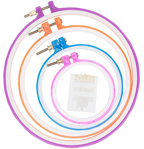 LAMXD 4 Größen,stickrahmen kunststoff, buntes rundes Stickrahmen-Set,embroidery hoop,Kunststoff, Kreis, Kreuzstich, Ringe zum Basteln, Nähen, inklusive 16 Stück Nähnadeln mit goldenem Öhr