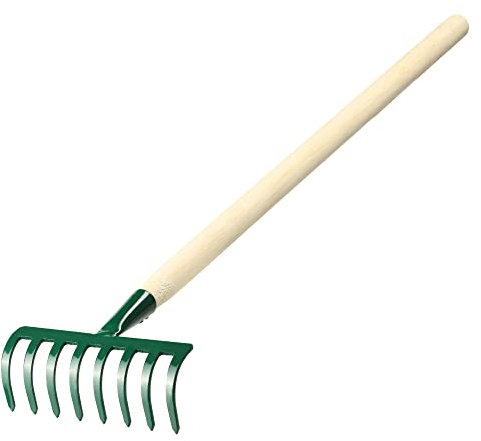 KADAX Petit râteau en métal, râteau avec manche en bois, balai à feuilles, râteau à feuilles, râteau à gazon pour jardin, râteau, râteau, petit balai (8 dents, vert, métal, bois)