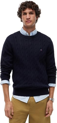 Tommy Hilfiger Men Classic Cotton Cable Crew Neck MW0MW33132 Pullover Sweater, Blue, XL