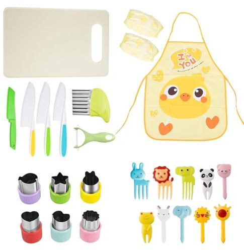 NATOSU Coltello per Bambini da 25 Pezzi, Coltello per Bambini, Coltello per Imparare a Tagliare, Bambino con pelapatate, Coltello Ondulato, Coltello di Legno, Tagliere, tagliabiscotti