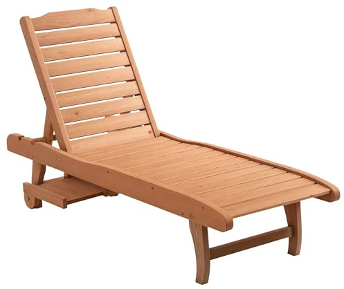 Outsunny Garden Patio Sun Lounger, Outdoor Wooden Sun Bed with Built-In Table, Reclining Backrest and Rolling Wheels for Sunbathing, Red Brown
