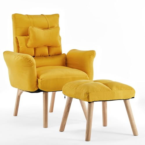 TUKAILAi Sillón de Relax con Reposapiés, Sillón Reclinable con Respaldo Ajustable 360°, Sillón de Televisión Terciopelo Marco de Madera Sillon Lectura Dormitorio Comodos 70 * 85 * 100CM (Amarillo)