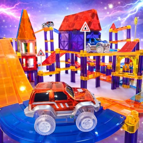 Wonder Toys Paquete de 122 bloques de construcción de pista de coches de carreras, juguete educativo, fichas magnéticas, kit de juego de 2 camiones - Kit de construcción de aprendizaje STEM