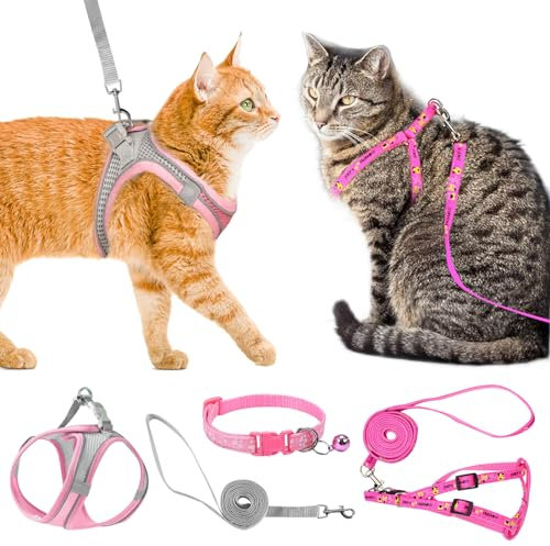 TYXHXTF 3 StüCk Katzengeschirr Mit Leine Ausbruchsicher,Verstellbares Katzengeschirr,Katzenleine Mit Geschirr FüR Katzen FüR Katzen Kitten Hunde Welpen,Softgeschirr,Atmungsaktive Katzenleine Rosa,XS