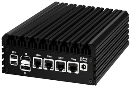 AIOPCWA Firewall Micro Appliance, 12th Gen Quad Core N100 Fanless Mini PC, 4 x LAN i226V 2.5GbE, DDR5 8GB RAM 128GB M.2 NVMe SSD, Support Windows OPNsense, AES-NI, TF slot