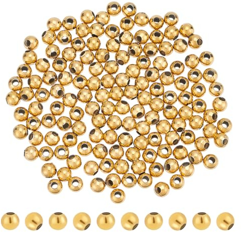 UNICRAFTALE 150 perlas redondas huecas chapadas en oro de 18 quilates de 5 mm, perlas espaciadoras de acero inoxidable, perlas doradas, redondas, planas, redondas, redondas, de metal, para