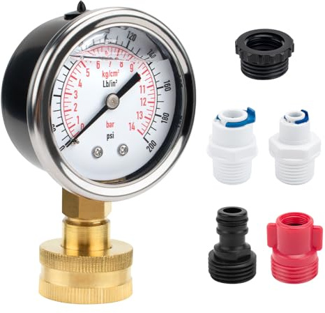 Universal Water Pressure Glycerin Filled Gauge Kit 0-200 Psi for All Purpose Water Pressure Measurement, 3/4 Female Garden Hose Thread Water Dial Gauge with Extra 5 Adapters for Multiple Use
