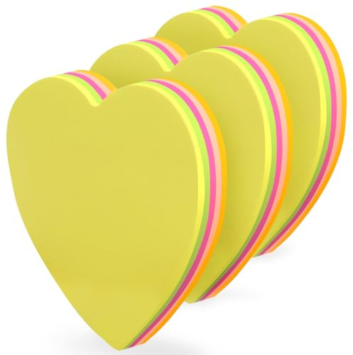 Set di 3 blocchi note cuore adesivi riposizionabili, 3 blocchi memo da 100 fogli di 5 colori fluorescenti, 300 note adesive, formato 7 x 7 cm