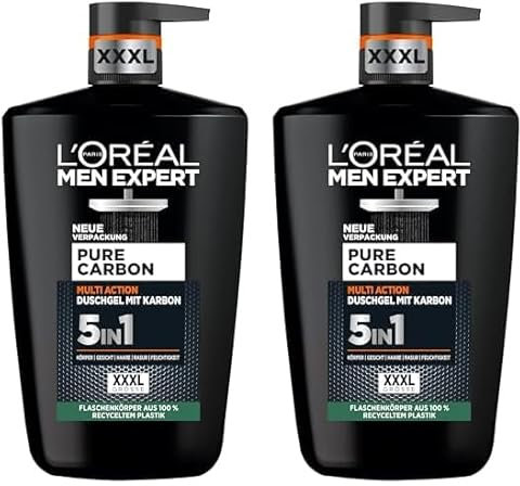 L'Oréal Men Expert XXXL Gel douche et shampooing 5 en 1 pour homme, bain douche pour nettoyer le corps, les cheveux et le visage, soin du corps pour homme pour une fraîcheur longue durée au carbone, 1