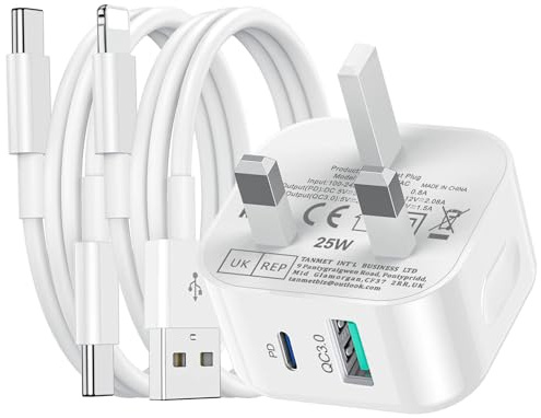 iPhone Charger Fast Charge, USB C Plug and 2Pack Cable for iPhone, USBC Cable 1M with USB to Lightning Charging Lead 1M for i Phone Apple 17/17 Air/17 Pro Max/16/15/14/13 12 11 X XR SE 8 7 6 5 i Pad,