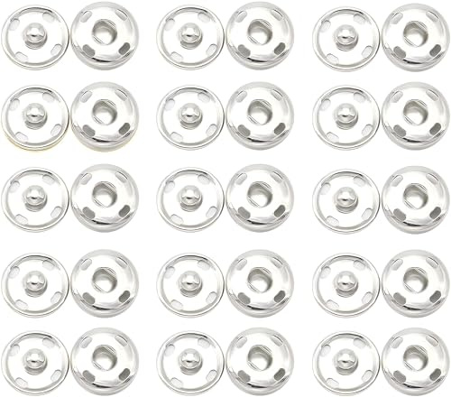 15 Sets Sew-On Snap Buttons – 15mm Metal Press Studs Fasteners for Clothes, Purses, Handbags & DIY Sewing Crafts – Snap Buttons & Studs for Clothing Included (Silvery)