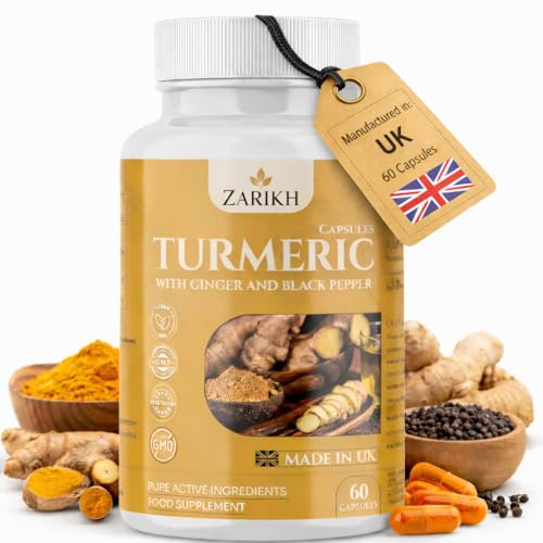 Zarikh High Strength Turmeric and Black Pepper Capsules with Ginger Root | Supports Joint, Immune, Gut & Kidney Health | Anti Inflammatory Turmeric Supplement | 60 Vegan Turmeric Capsules | UK Made