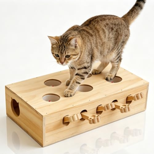 Nimblyne Jouet interactif pour chat, taupe, puzzle avec 5 trous en bois : boîte de puzzle avec souris (souris poilue), jouet d'intelligence pour chats pour l'entraînement en intérieur et le plaisir