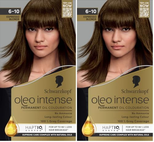 Schwarzkopf Oleo Intense 6-10 Espresso Blonde Permanent Hair Dye, Ammonia-Free Hair Colour, Rich Dark Blonde Shade, Up to 100% Grey Coverage, Oil-Activated Formula (Pack of 2)