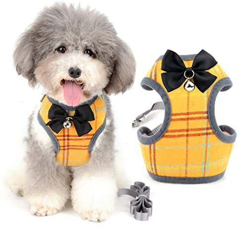 Zunea Harnais et Laisse pour Petit Chien Anti Traction avec nœud Papillon et Cloche de sécurité pour Chiot Chihuahua Yorkshire, Anti-Fuite Reglable Harnais pour Chats/Chaton Jaune M