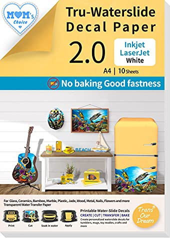 TransOurDream Tru-Inkjet Waterslide Decal Paper White 2.0 10 Sheets A4 Printable Water Slide Transfer Paper for Inkjet Printer, Water Slide Decals for Mugs, Tumblers, Candles,DIY Glasses (019-10)