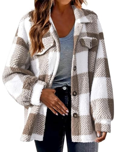 Ladies Checked Fleece Jacket Shacket For Women UK Plus Size Plaid Shirt Jacket Oversized Baggy Shacket Top Boyfriend Button Down Retro Jacket Winter Warm Cardigan Winter Coats UK 8-20 Khaki XXL