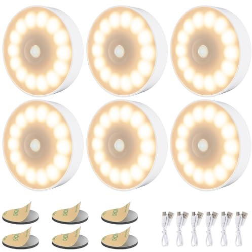 Electight 6 Packs 14 LEDs Luz Nocturna Sensor Movimiento, Luces LED Armario Recargable por USB, 3 Modos/Adsorción Magnética para Pasillo, Escaleras, Gabinete, Armarios, Amarillo Cálido