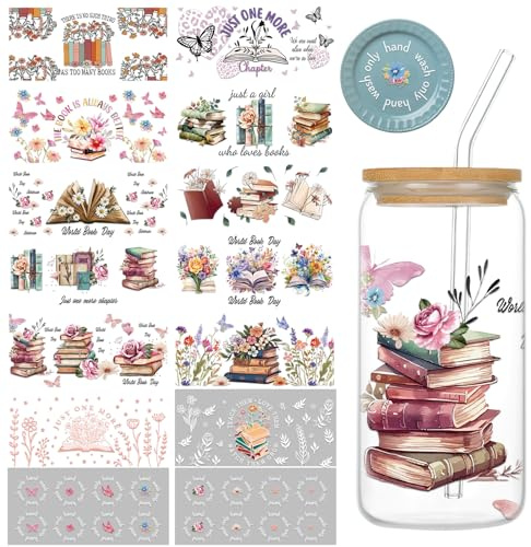 Obookey Reading UV DTF Cup Wrap - 12+2 Read Books Drink Coffee UV DTF Cup Wraps Transfer Stickers for 16 oz Glass, Waterproof Butterfly Flower Decals with UV DTF Cup Wrap for Lid Top or Bottom