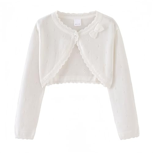 Proumhang Bolero Shrug Cardigan Niñas Suéteres de Punto de Algodón de Manga Larga Chal de un Botón Chaqueta Sudadera Abrigos Chlidren Vestido Cover Up para 3-10 años Blanco 130
