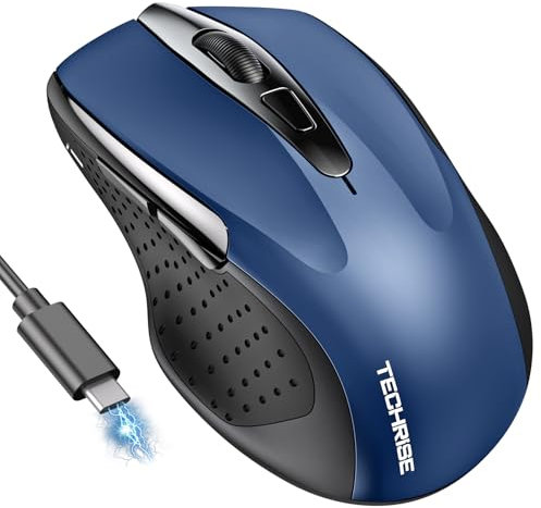 TechRise Bluetooth Maus, 2.4G Maus Kabellos (BT 5.0/3.0 + 2.4G) 4800 DPI Wiederaufladbare Ergonomische Mouse mit USB-A Empfänger, 6 Stufen DPI Stille Funkmaus für Laptops, Computer, PC, Windows, Blau