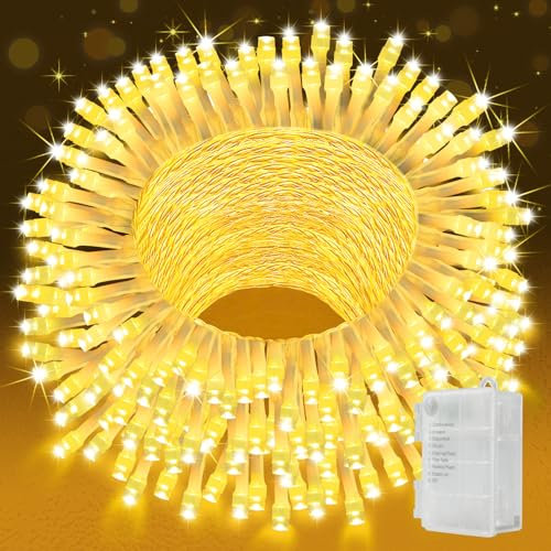 YIFMOO Lichterkette Außen Batterie, 30M 300LED Weihnachtsbeleuchtung mit Timer, 8 Modi Warmweiß Lichterkette Innen, Wasserdicht Lichterketten für Zimmer Party Balkon Weihnachtsbaum Dekoration