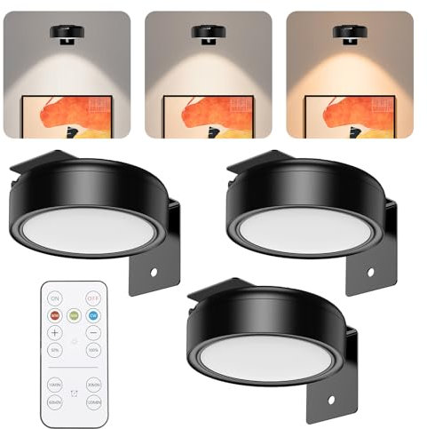 LOFICOPER Picture Lights for Wall, [3 Pack] Rechargeable Wireless Picture Frame Light with Remote Control, 3 Colors, 5 Brightness Levels, LED Puck Lights with Timer for Poster, Dartboard