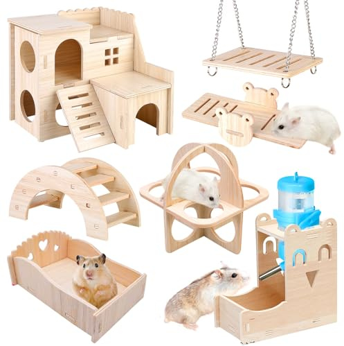 Giocattoli per Criceto in Legno - 8 Pezzi Fai Da Te, Nascondiglio Casa, Ponte Altalena, Giocattolo Da Masticare e Allenamento, Accessori per la Gabbia per Topi