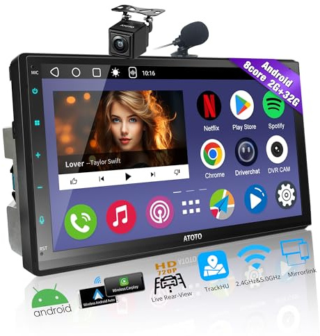 ATOTOEXCEL A6PF Autoradio 2 Din Android con Telecamera posteriore, 7 Pollici Wireless CarPlay e Senza Fili Android Auto, Dab+ Radio, Doppio Bluetooth, Tethering WiFI/BT/USB, 2G+32G, A6G2C7PF-S01