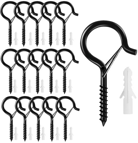 hioseyre 15 Pcs Q-Type Hanging Hooks,Screw in Hooks,Outdoor Light String Screw Hooks,Safety Clip Ceiling Hooks for Hanging Plants,Christmas Lights and Garden Lights,Party Decoration Hanging(Black)