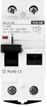 CILIA Interrupteur Différentiel Type AC 30 mA 6 kA – Sauvetage 1P+N 25/40/63A, 230/400 V AC, Raccord DIN 2 Modules, Courbe C – Protection Court-Circuit et Surcharge In=63A (JVL16-63-1P-63A)